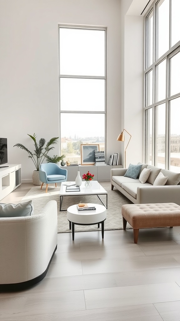 A sleek and serene living room featuring large windows, stylish furniture, and a light color palette.