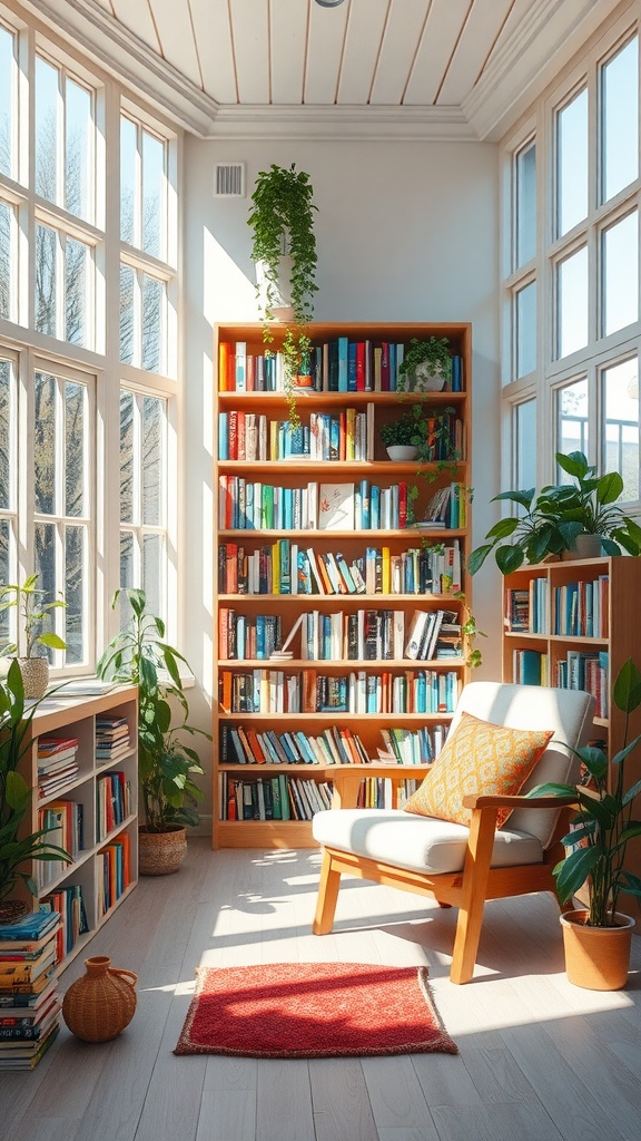 A bright and cozy reading nook with bookshelves, plants, and a comfortable chair.