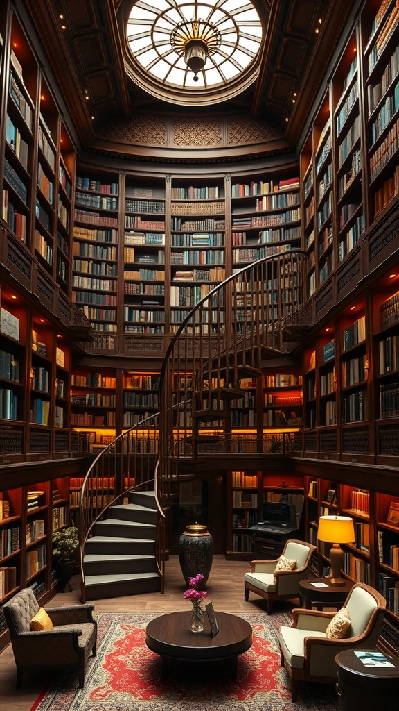 A luxurious two-level library featuring a spiral staircase, rich wooden bookshelves, and cozy reading areas.