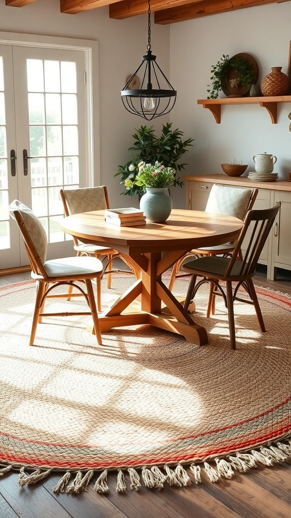 A cozy farmhouse dining room featuring a woven area rug under a wooden table with chairs.