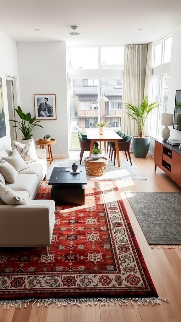 A stylish living room-dining room combo featuring distinct zones defined by area rugs, a neutral sofa, and a dining table.