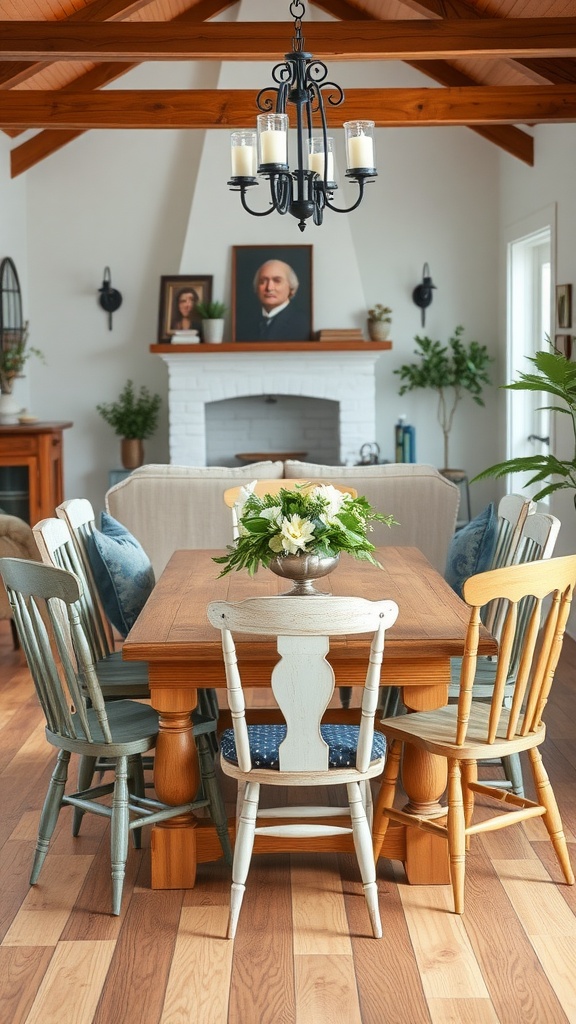 Traditional farmhouse dining set with a wooden table and colorful chairs in a cozy living room