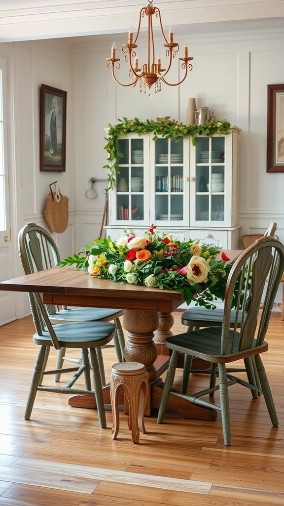 A cozy Cottagecore Dining Room featuring a wooden table with a floral garland centerpiece, surrounded by chairs and a chandelier overhead.