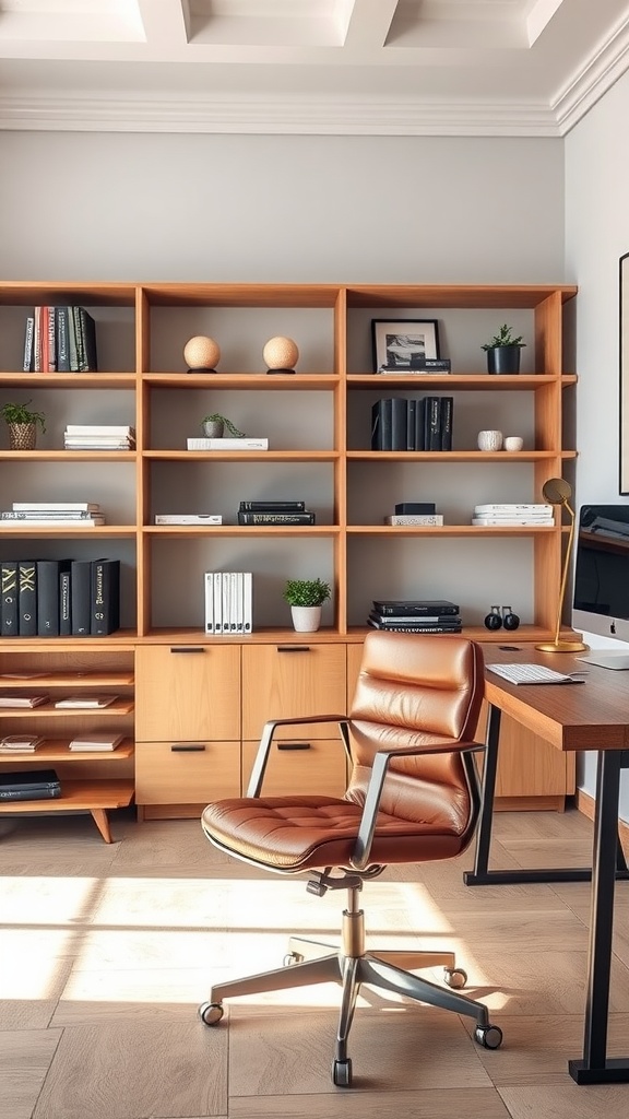 A modern office interior featuring leather and wood elements, including a wooden desk, leather chair, and built-in shelving.