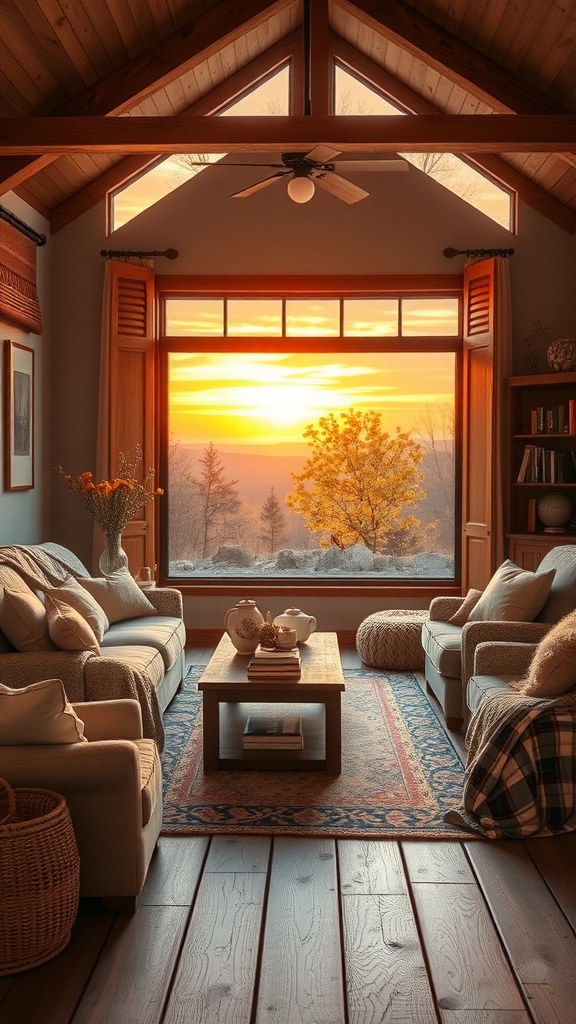 Cozy rustic farmhouse living room with large windows overlooking a sunset