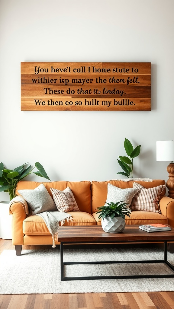 A modern farmhouse living room with an inspirational quote sign on the wall, an orange sofa, and a coffee table with a plant.