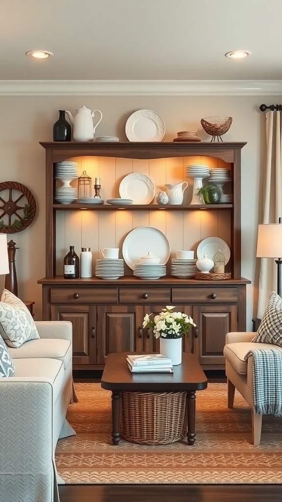 A modern farmhouse living room featuring a wooden hutch displaying china, with comfortable sofas and a cozy coffee table.