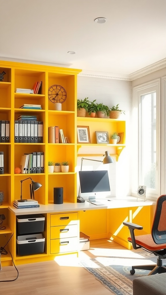 A bright yellow office space featuring built-in shelves and a desk with plants and organizational tools.