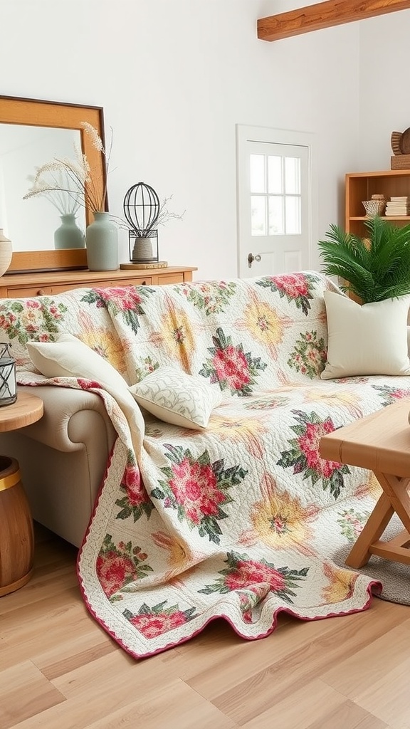 A cozy modern farmhouse living room featuring a colorful heirloom quilt draped over a sofa.