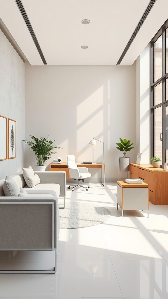 A bright and airy office space featuring neutral colors with modern furniture and plants.