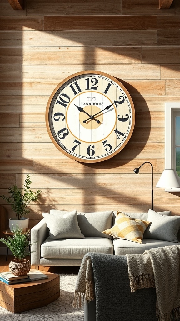 A rustic farmhouse style clock on a wooden wall in a living room setting with a cozy sofa and inviting decor.