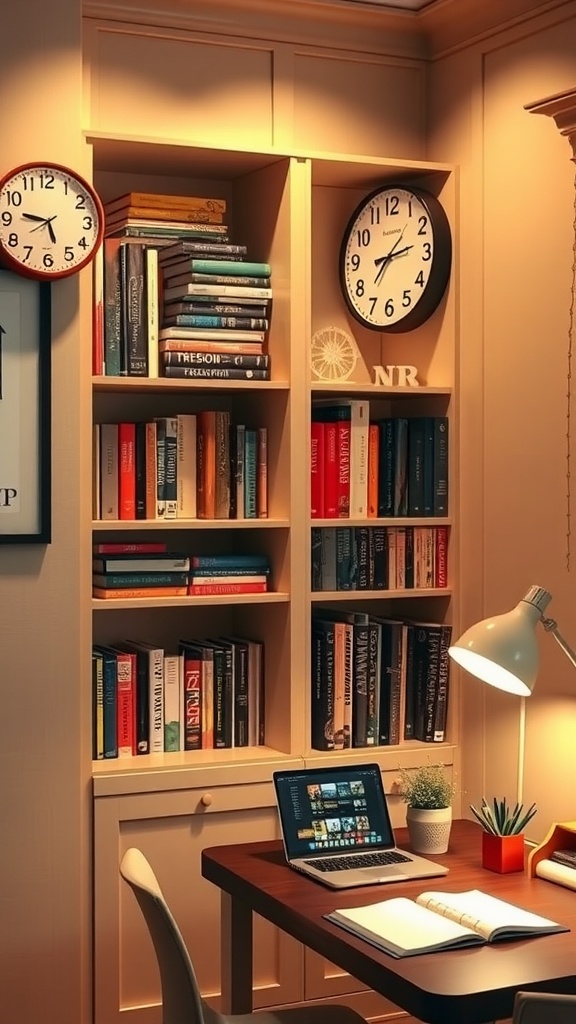 Cozy office nook with built-in shelves filled with books, a desk with a laptop and notebook, and two clocks on the wall.