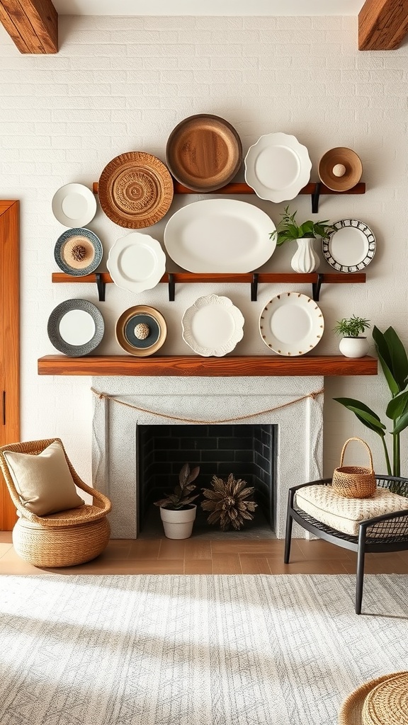 A modern farmhouse living room featuring decorative plates arranged on wall racks above a fireplace.