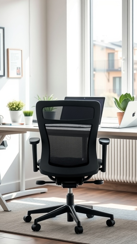 A modern ergonomic chair positioned at a desk in a bright office space with plants.
