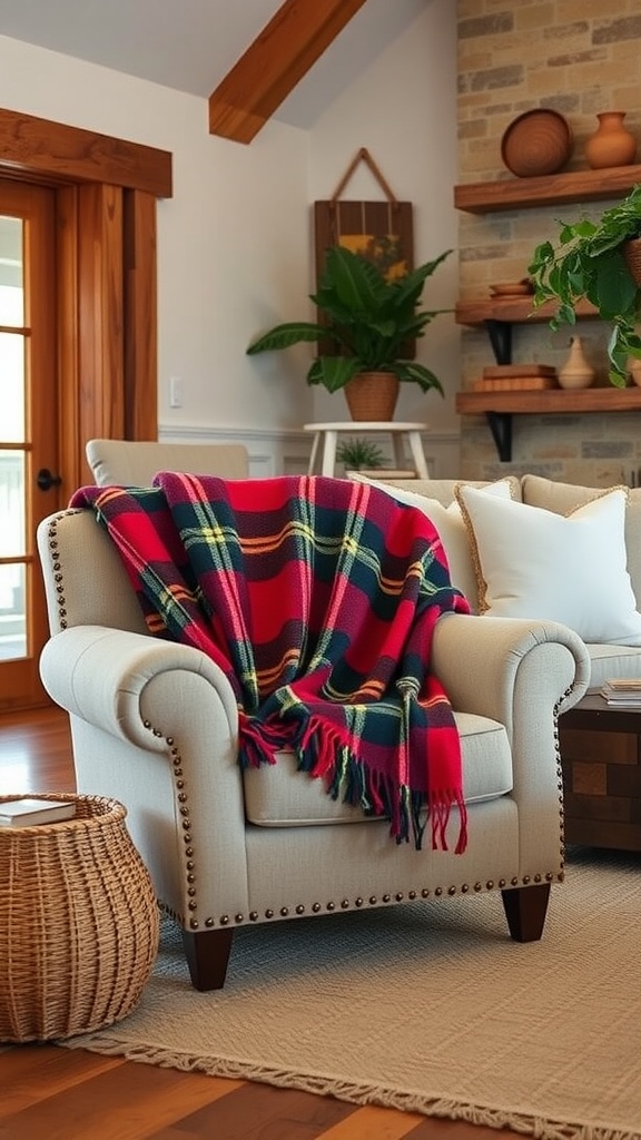 A cozy overstuffed armchair with a plaid blanket draped over it, surrounded by natural decor elements in a modern farmhouse living room.