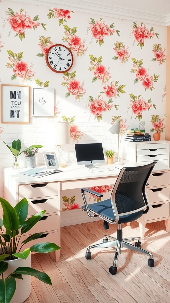 Bright floral-themed office with a white desk, modern chair, and green plants.