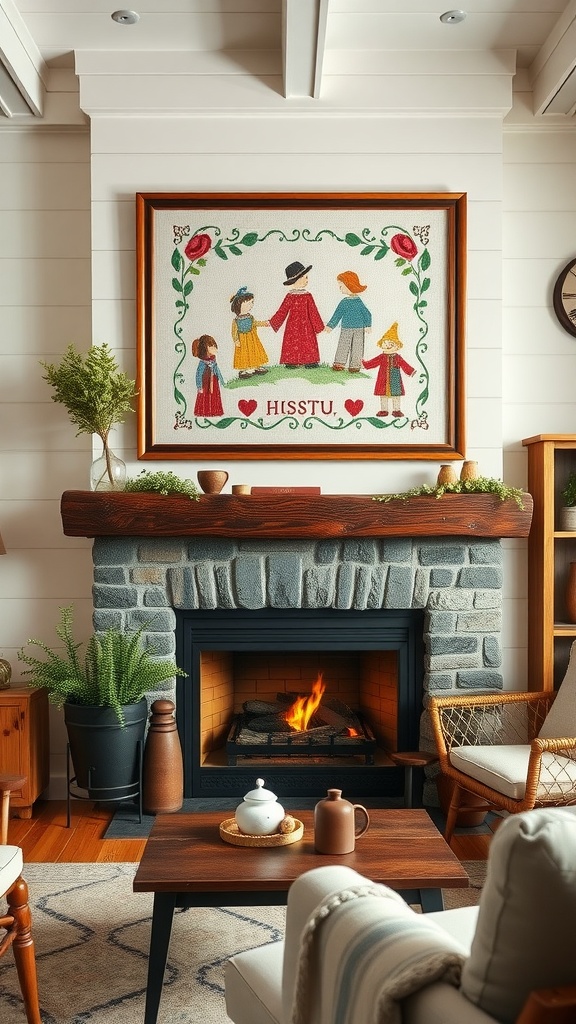 A colorful cross stitch sampler depicting figures holding hands, displayed above a stone fireplace in a cozy living room.