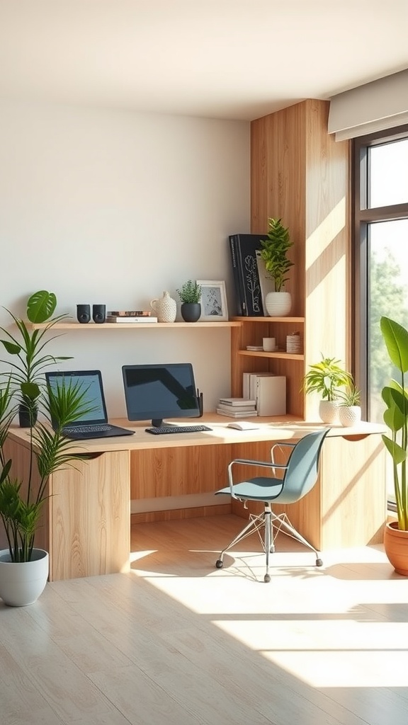 A modern office space featuring light wood furniture, two computer monitors, and indoor plants.