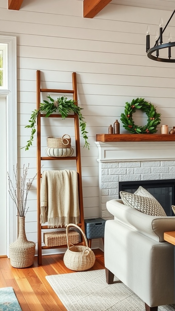 A decorative wooden ladder with throws and greenery against a white wall in a cozy living room.