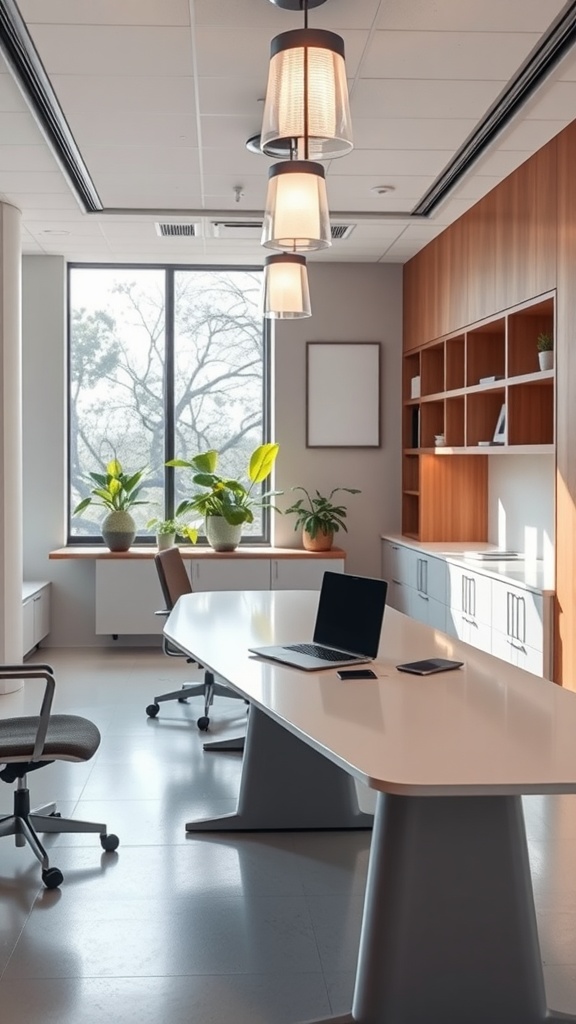 An office space featuring a large desk, plants, and ample natural light, designed for multifunctional use.