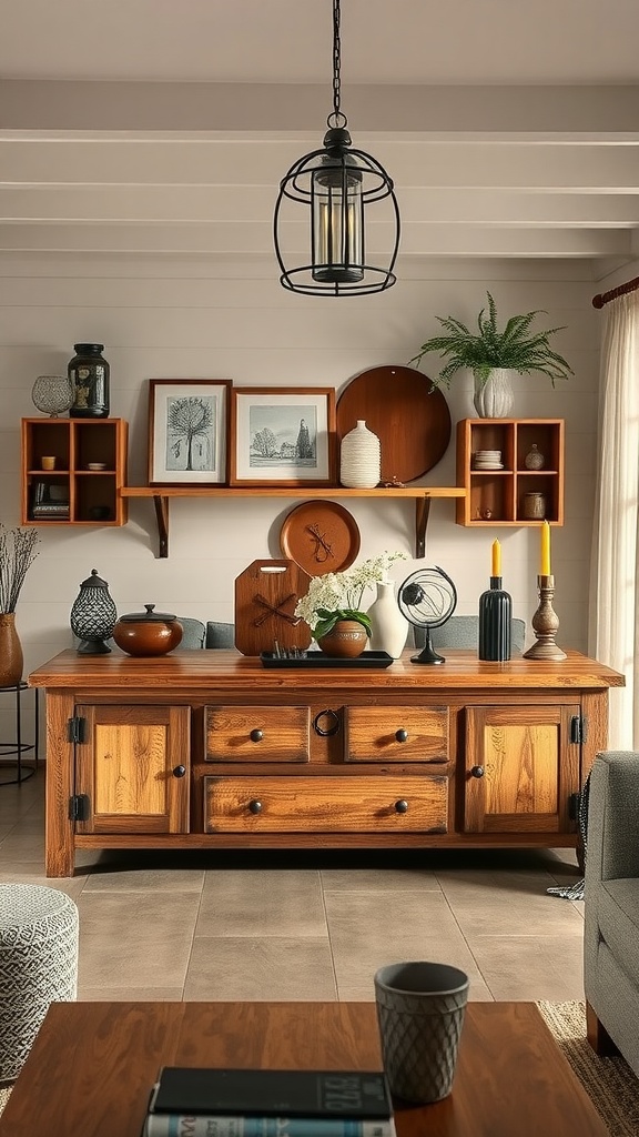 A rustic dining buffet with wooden texture, decorative items, and a soft lighting fixture in a modern farmhouse living room.