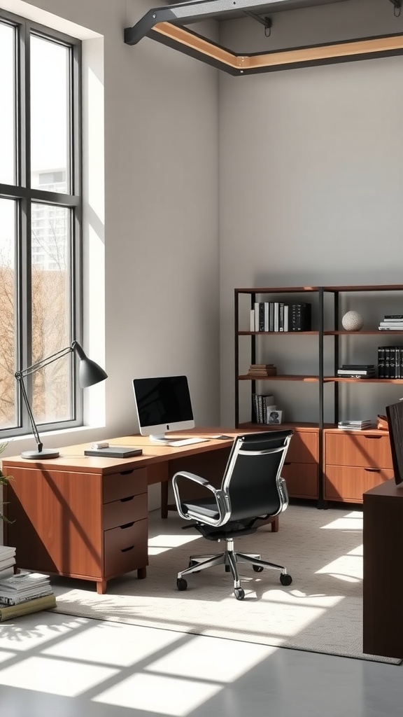 A modern office setup with a wooden desk, black office chair, and bookshelves, illuminated by natural light.