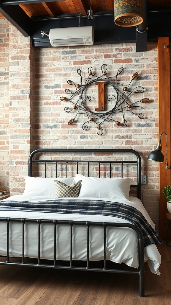 A modern industrial bedroom featuring a black metal bed frame, brick wall, and artistic metal wall decor.