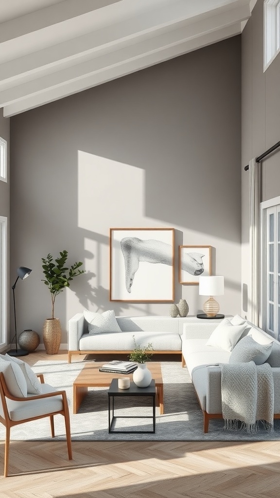 Living room featuring Agreeable Gray walls, white furniture, and natural decor elements.