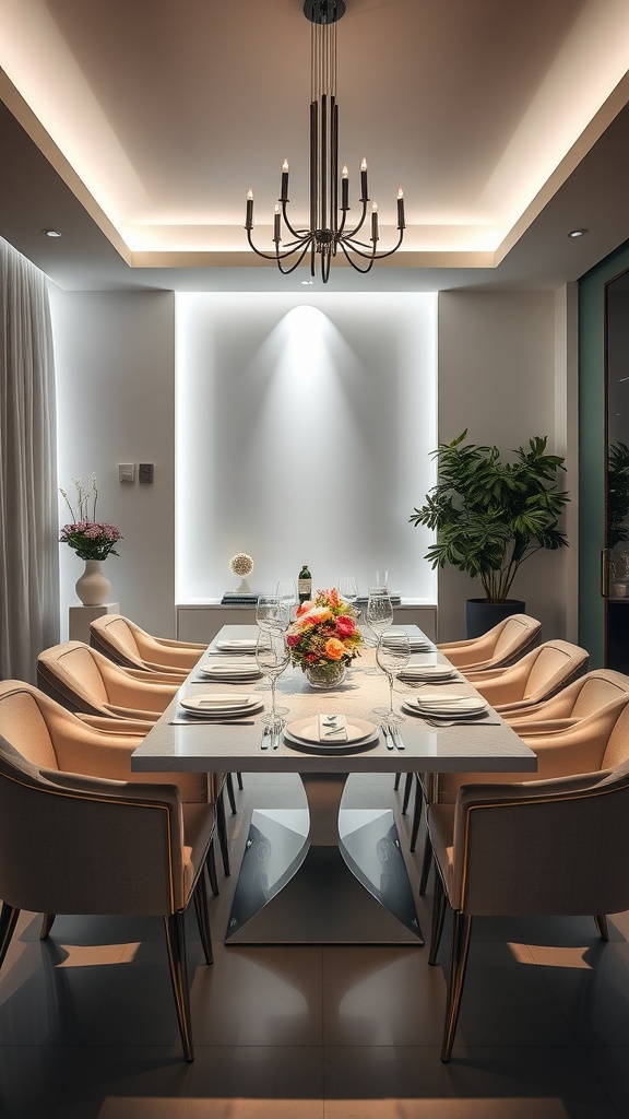 Dining room with ambient white backlighting and elegant chandelier