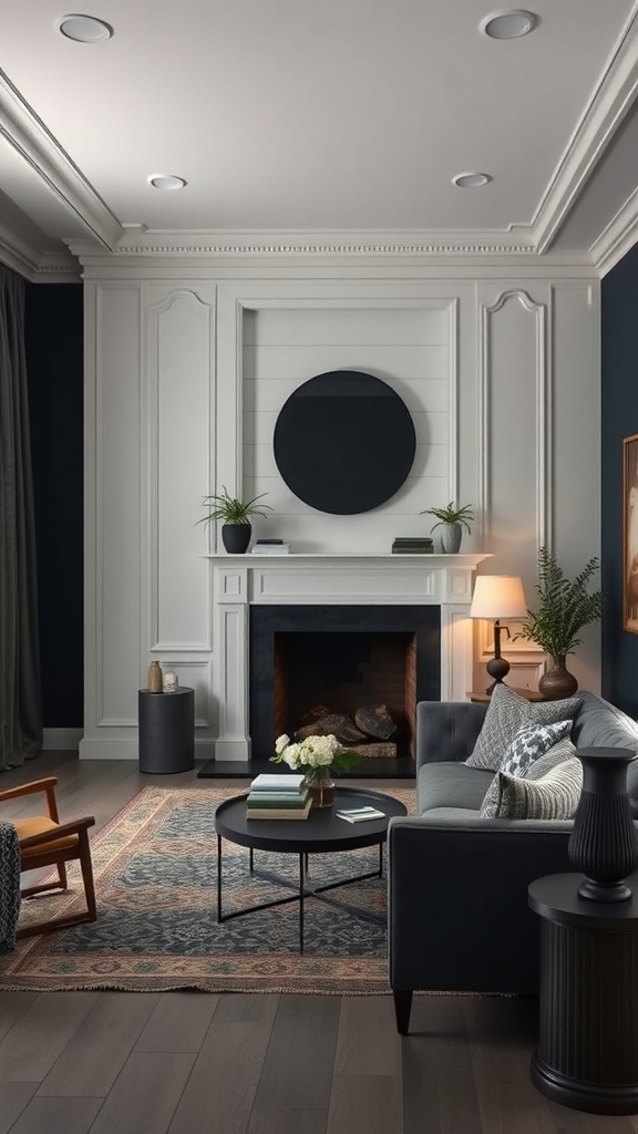 A beautifully decorated living room featuring dark walls and white accents.