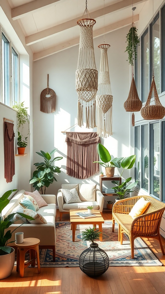 A stylish Boho chic living room featuring macramé decor, plants, and cozy seating.