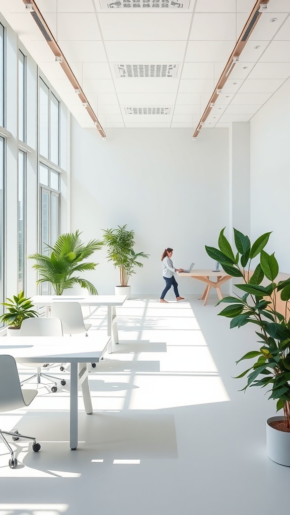 Bright and airy office space with large windows, plants, and modern furniture