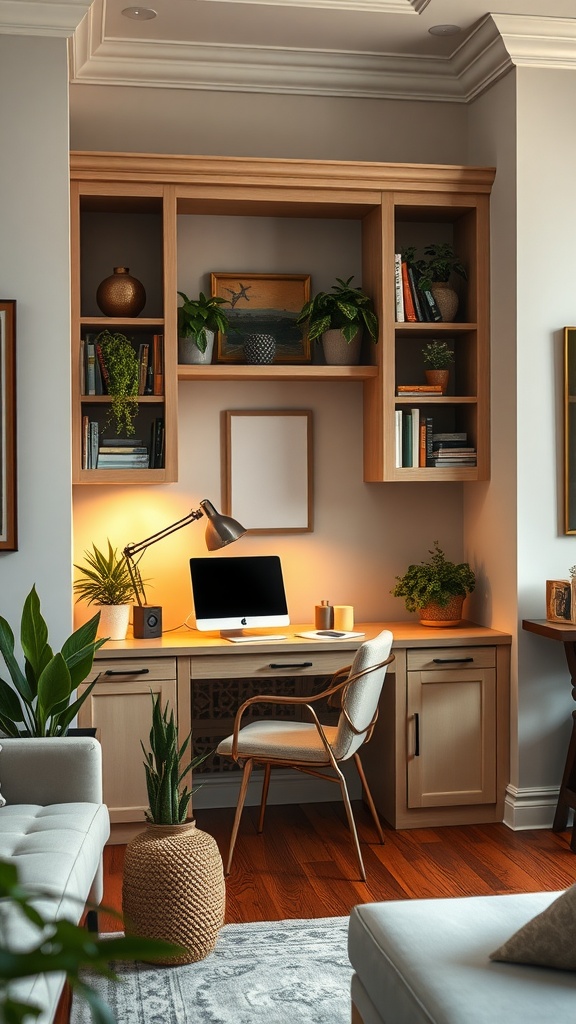A cozy home office nook featuring a built-in desk with adjacent bookcases, plants, and warm lighting.