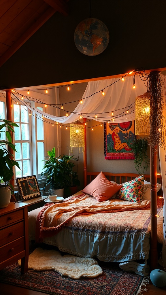 Cozy boho bedroom with celestial string lights and colorful decor