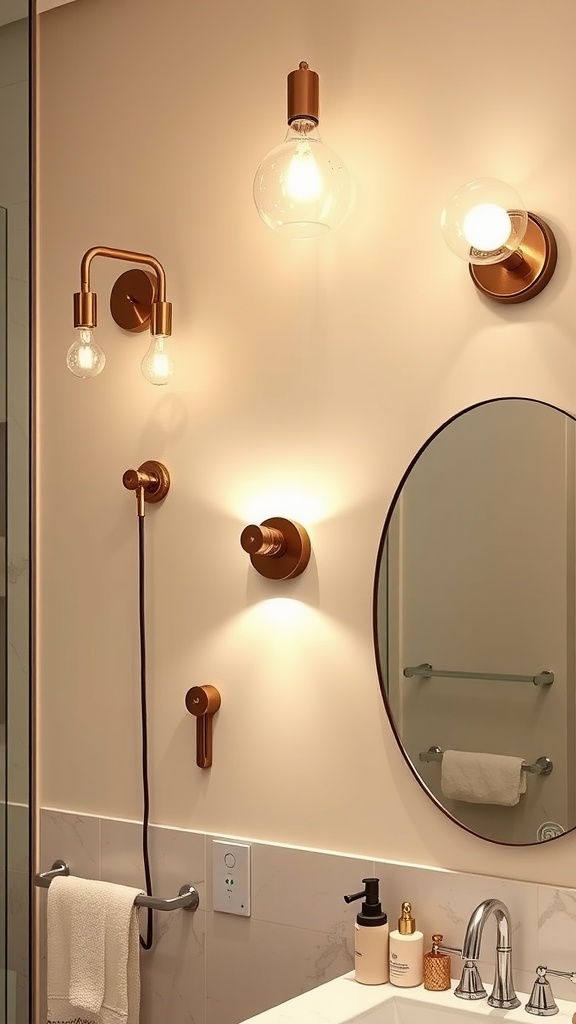 Chic bathroom lighting with various wall sconces, showcasing modern designs and warm lighting.