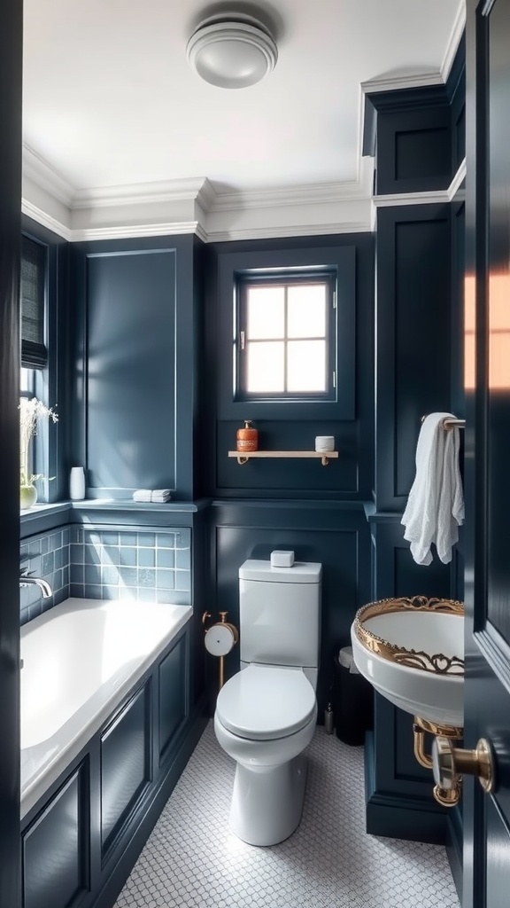 A small bathroom featuring dark blue walls, white accents, and natural light from a window.