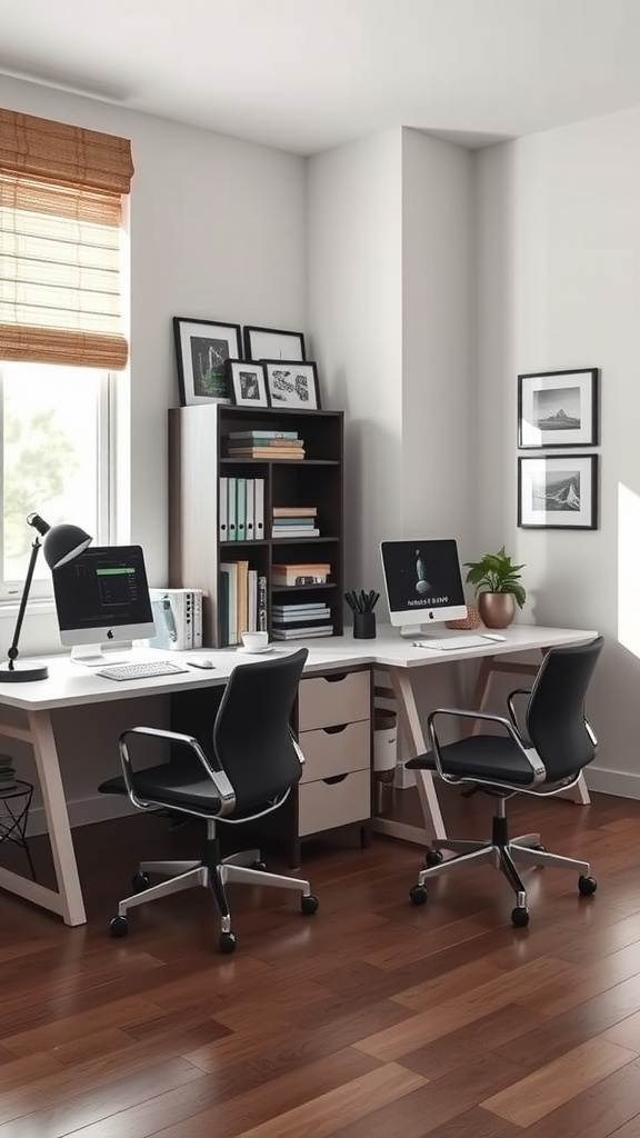 Double desk layout with shared central storage in a small home office