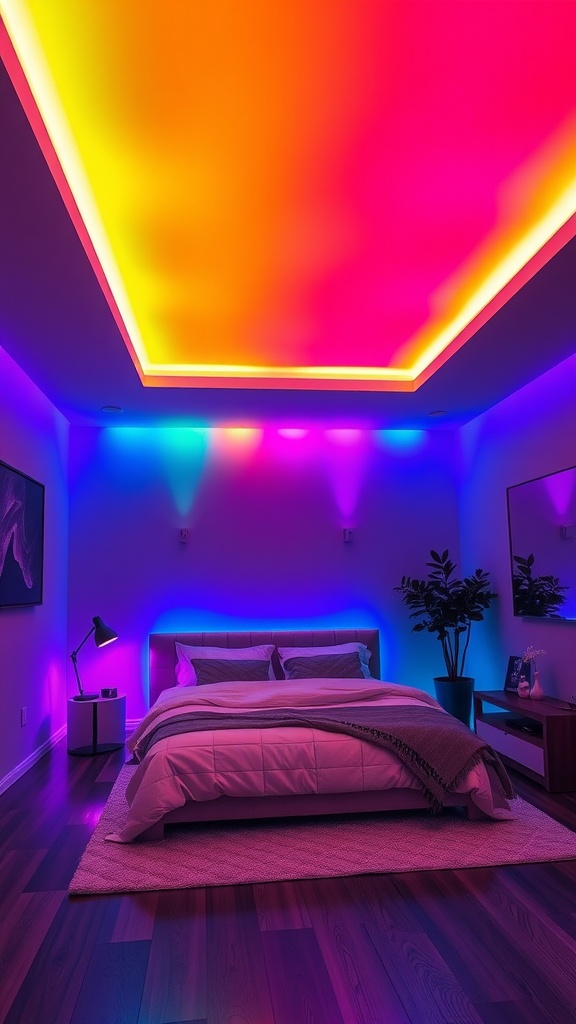 Bedroom with colorful LED lighting on the ceiling and walls, creating a dynamic atmosphere.