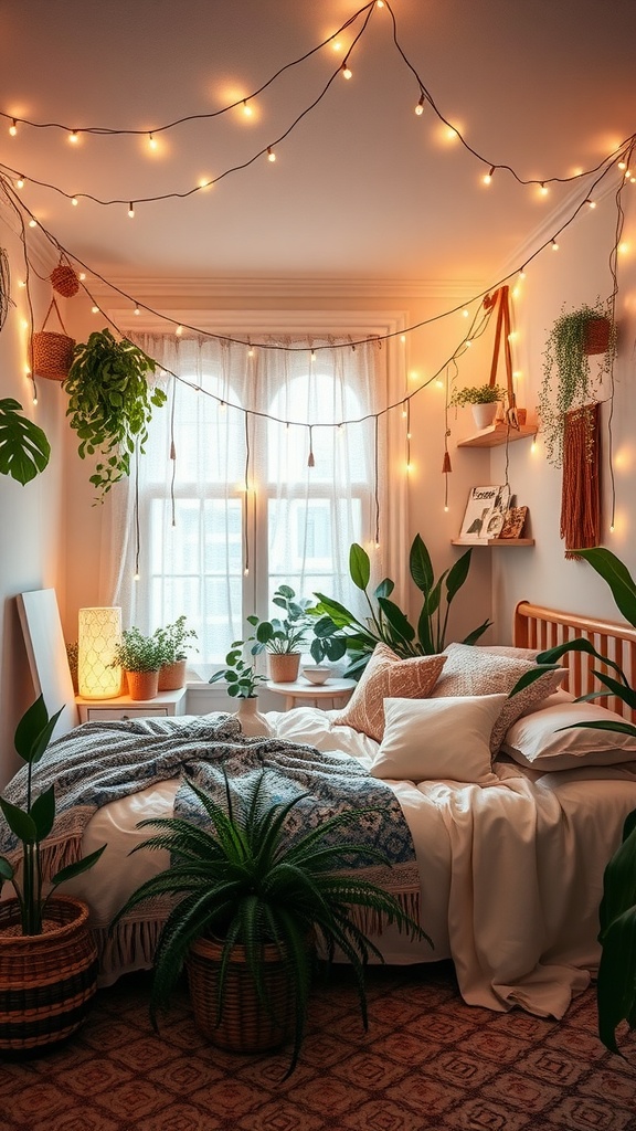 A cozy bedroom with fairy lights, plants, and warm textiles creating a serene atmosphere.