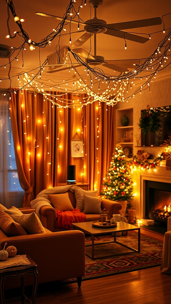 Cozy living room with fairy lights hanging from the ceiling, a decorated Christmas tree, and a warm ambiance.