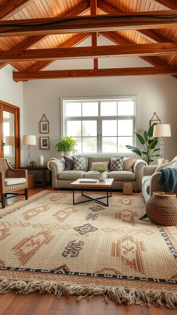 A cozy modern farmhouse living room featuring a textured area rug, warm wooden beams, and soft furniture.