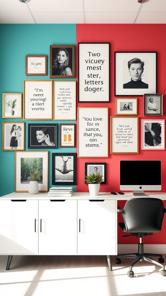 A colorful gallery wall with mixed frames featuring art and quotes, beside a modern white desk.