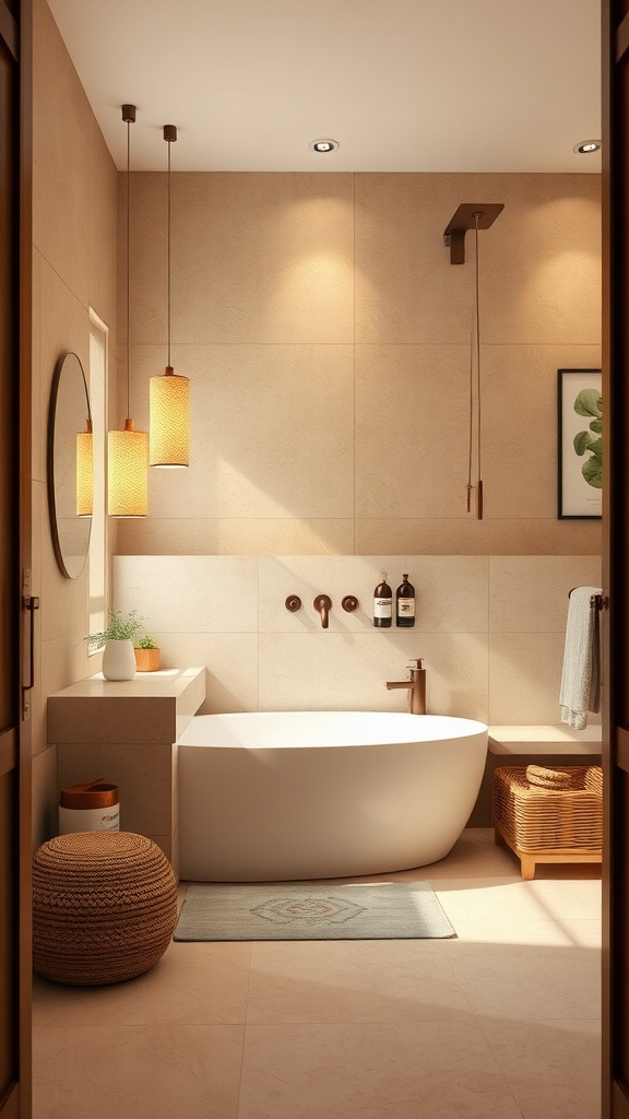 A cozy bathroom with light brown walls, warm lighting, and modern fixtures.