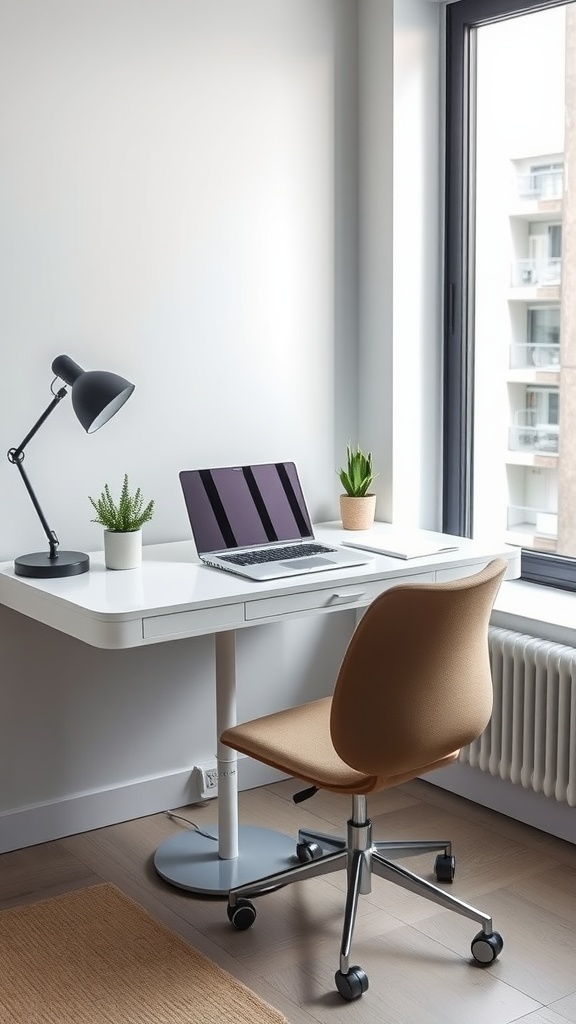 A minimalist desk setup featuring a white desk, ergonomic chair, laptop, lamp, and potted plants