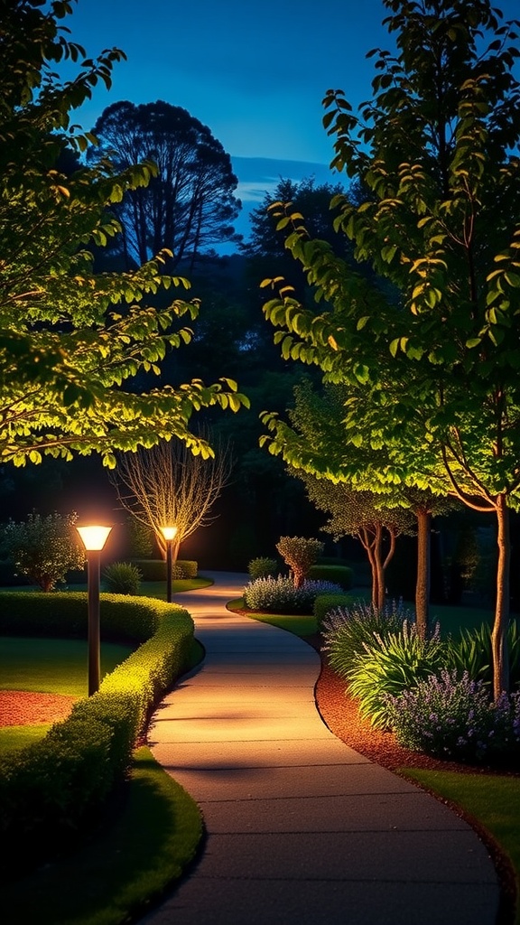Okeer Solar Spotlights illuminating a garden pathway at night
