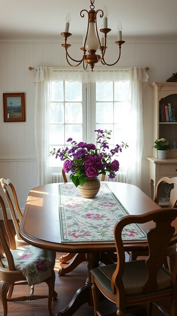 A dining room with a wooden table, chairs, and a vibrant purple floral centerpiece.