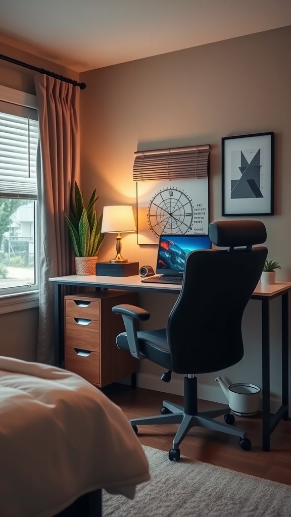 A stylish home office corner with a desk, ergonomic chair, and natural light, blending a guest bedroom and home office.
