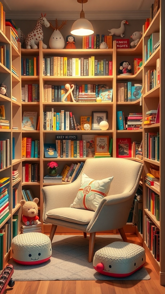 Cozy reading nook with a small stylish chair surrounded by colorful books and playful poufs.