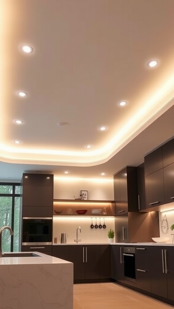 A modern kitchen featuring recessed ceiling lights and dark cabinets
