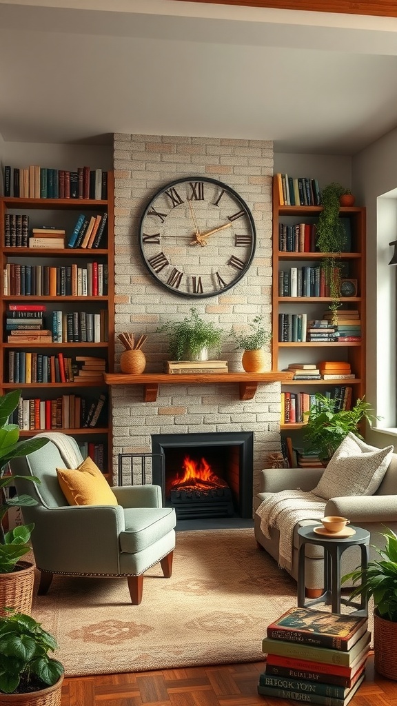 A cozy rustic living room featuring a large bookshelf, an inviting armchair, a fireplace, and indoor plants.